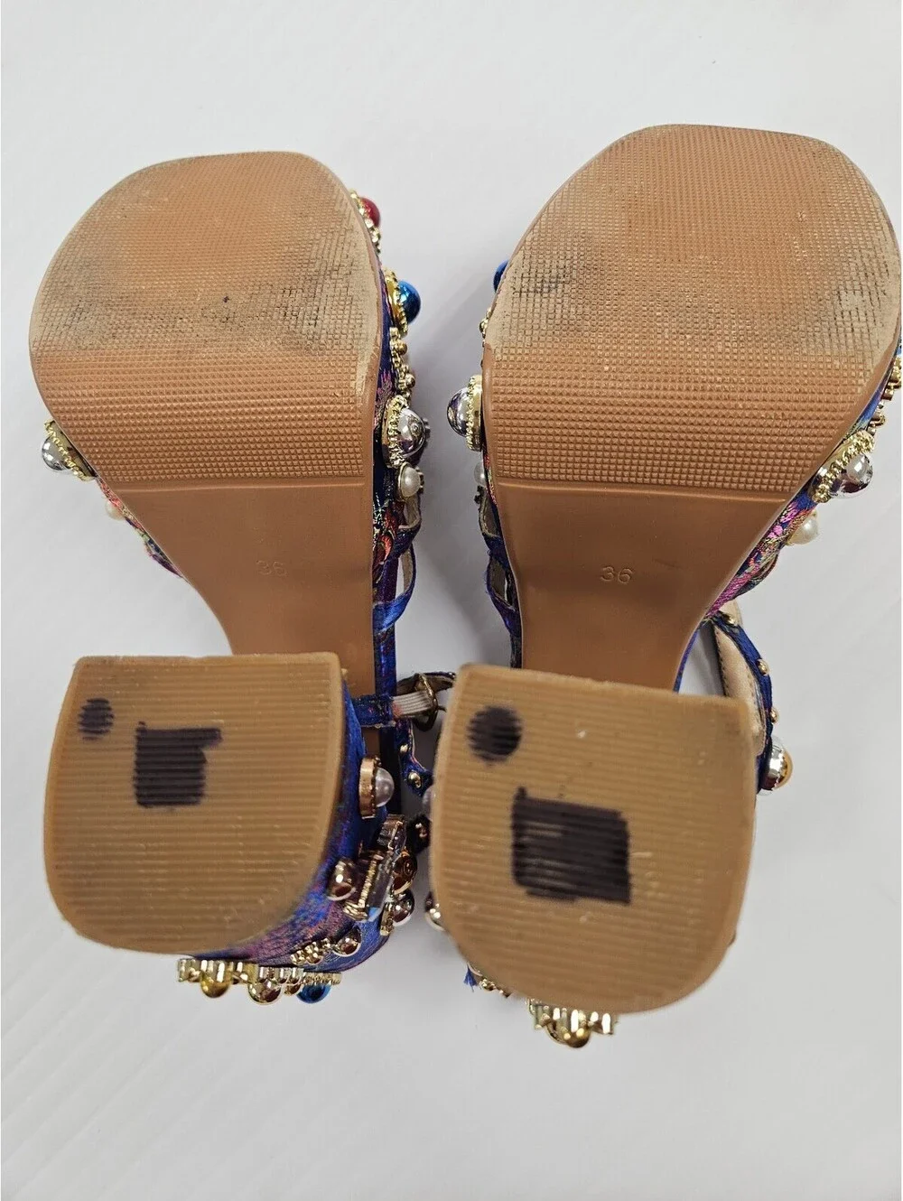 Y2K Embellished Platform Heeled Sandals with Decorative Stones and Pearls